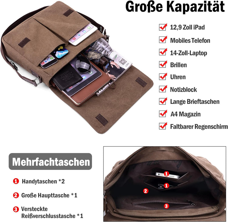 DORRISO Mode Umhängetasche Herren Schultertasche Canvas Schultertaschen für 14 Zoll Laptop Kuriertas