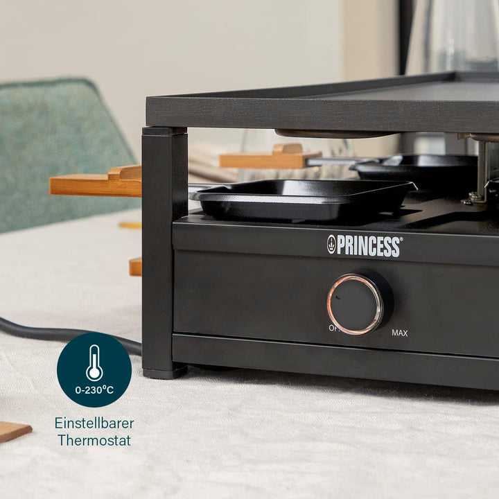 Princess Raclette Black Steel – 8 Personen Parkdeck für Pfännchen grosse Kochfläche 44 x 25 cm regel