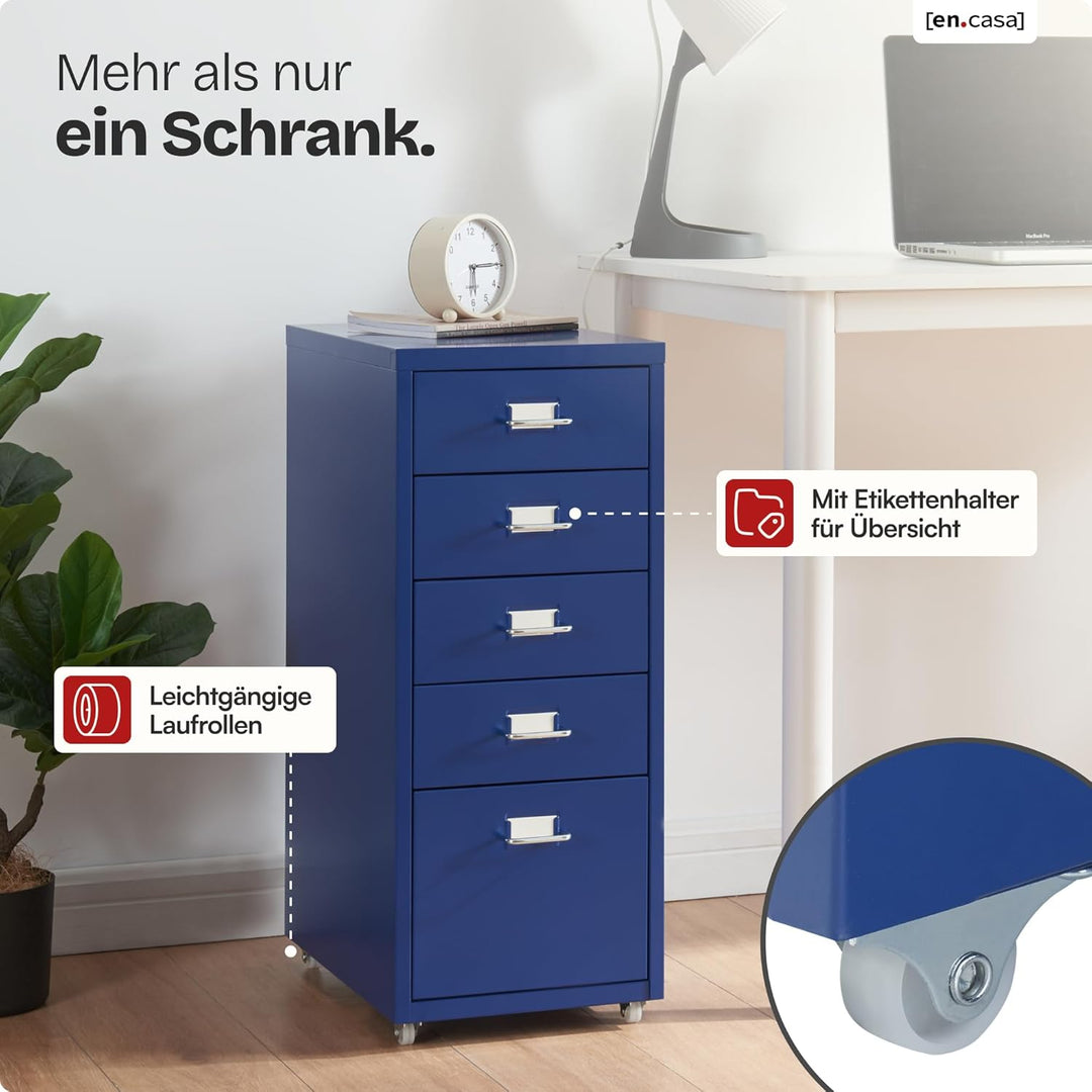 [en.casa] Rollcontainer Kökar Schubladenschrank Metall Aktenschrank mit 5 Schubladen Bürowagen mit R