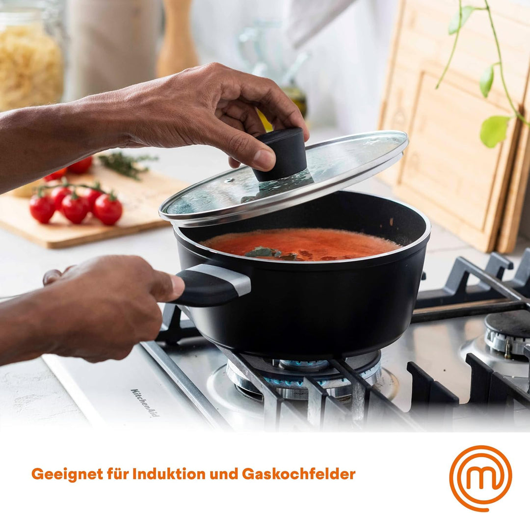MasterChef Kochtopf mit Glasdeckel, 20cm Induktionskochtöpfe, Nudeltopf, Suppentopf, Schwarz Alumini