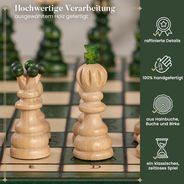 Handgefertigt Schachbrett Holz Klappbar | Master of Chess Schachspiel Holz Grüne | Chess Set 42cm |
