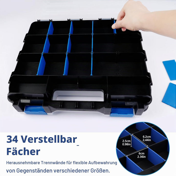 Doppelseitige Schrauben Sortierbox, 34 Fächer Sortimentskoffer mit Abnehmbaren Trennwänden, Sortimen