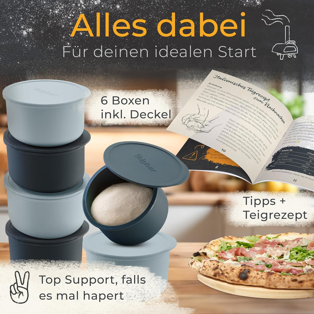 Teigbar Pizzaballenbox mit Deckel, 6er Set - innovative Teigbox aus löse-leichtem Silikon - Pizzatei