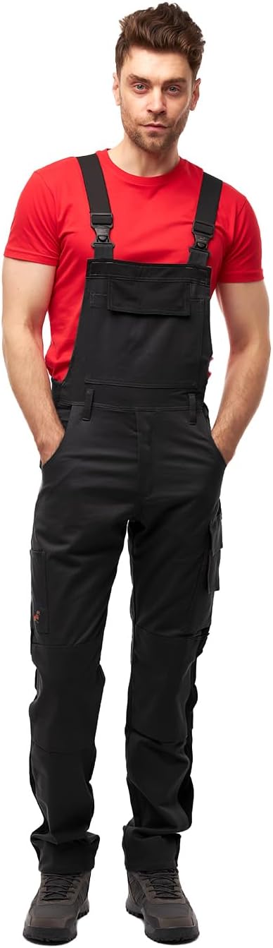 strongAnt Latzhose Herren Stretch Arbeitshose Arbeitslatzhose mit Kniepolstertaschen Schwarz Grau We