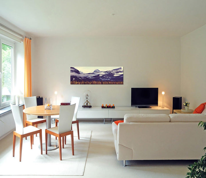 Paul Sinus Art Panoramabild auf Leinwand und Keilrahmen 150x50cm Kanada Berge Wald Schnee Nebel