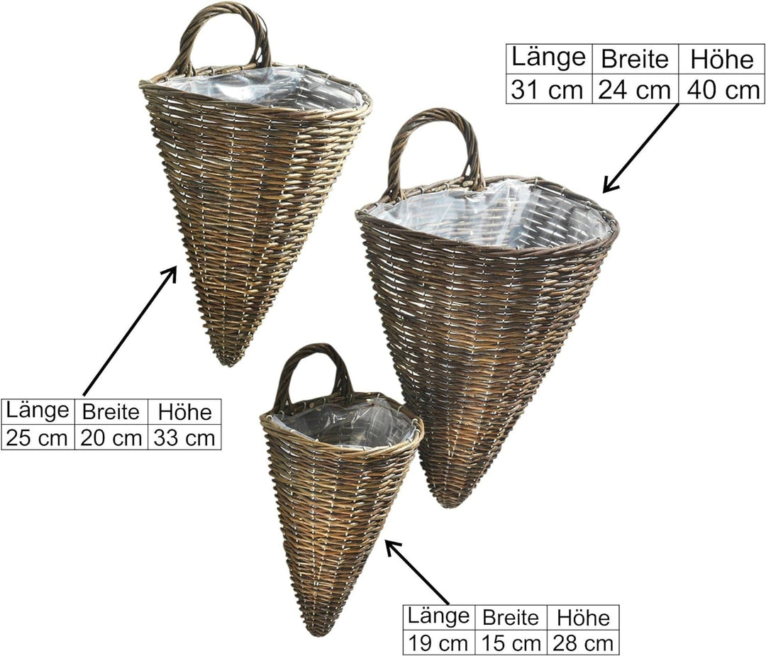 Pflanzkorb Wandkorb aus ungeschälter Weide im Füllhorn-Design 3er Set
