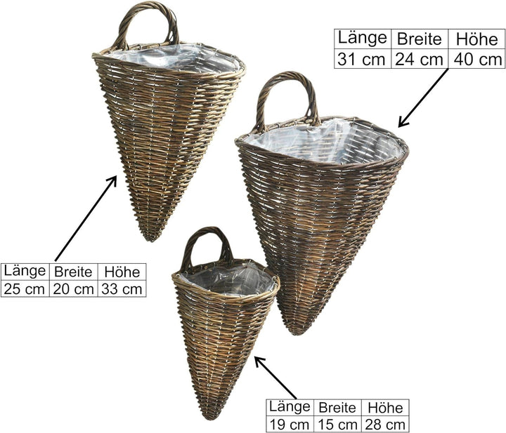 Pflanzkorb Wandkorb aus ungeschälter Weide im Füllhorn-Design 3er Set