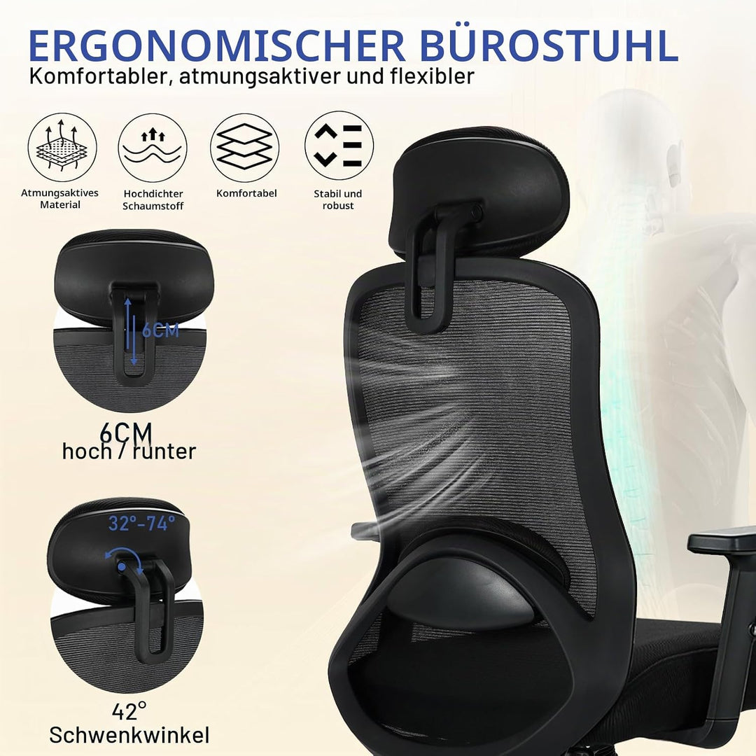Milacyee Bürostuhl, Bürostuhl Ergonomisch, Schreibtischstuhl mit Kopfstütze, Armlehnen, Lendenwirbel