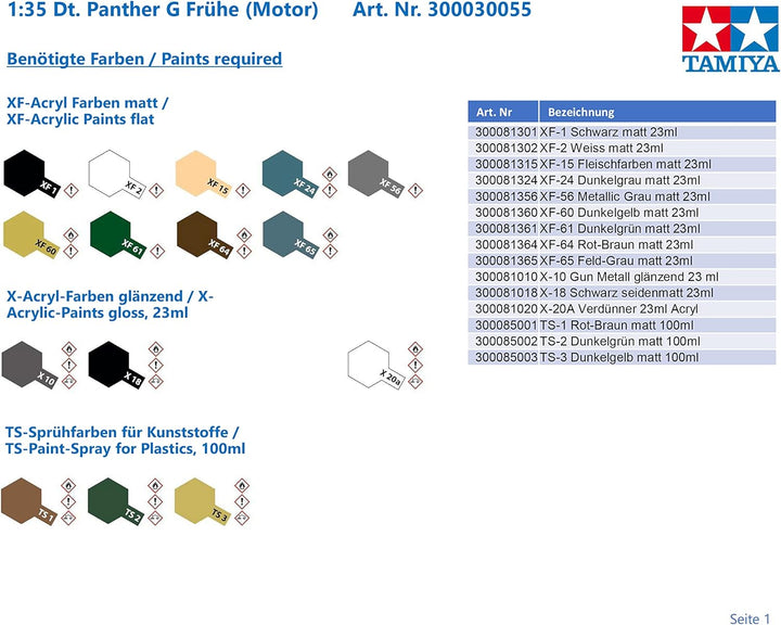 TAMIYA 30055 1:35 Dt. Panther G Frühe (Motor), originalgetreue Nachbildung, Plastik Bausatz, Basteln