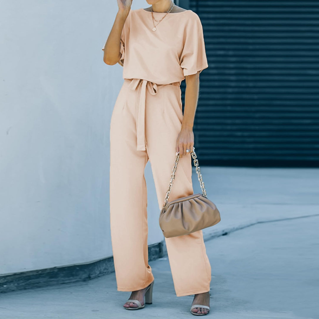 Coloody Damen Lang Jumpsuit Overall Hosenanzug Elegant Romper Kurzarm Rundhals Playsuit mit Gürtel H