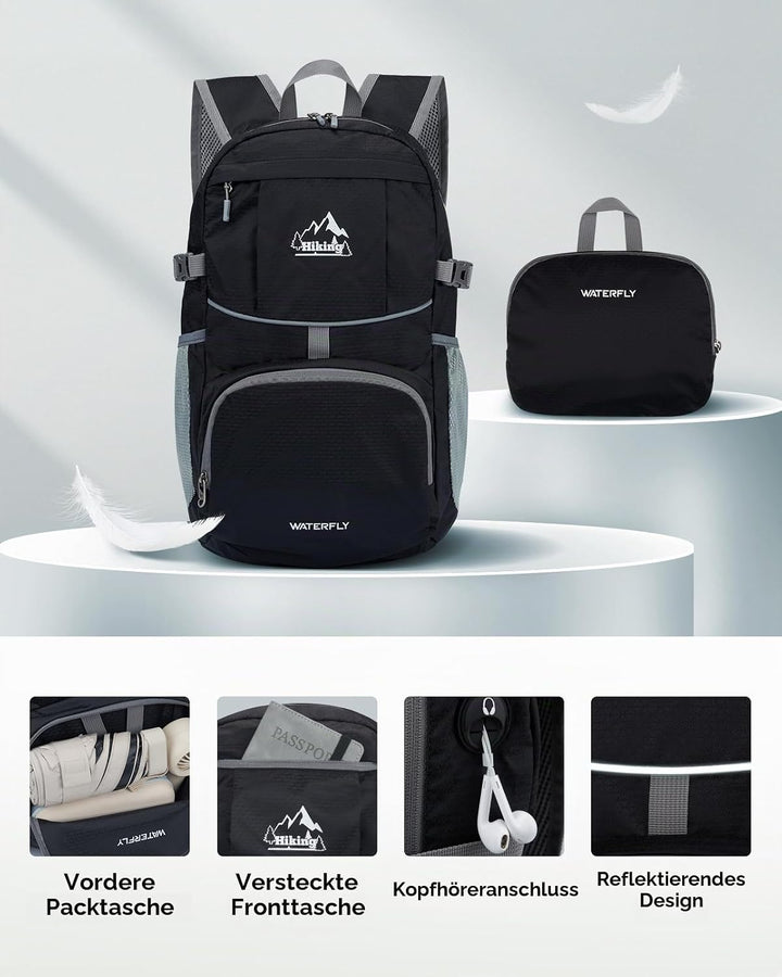 WATERFLY Faltbarer Rucksack Ultraleicht Wanderrucksack: 25L Leichter Tagesrucksack Sportlich Packabl