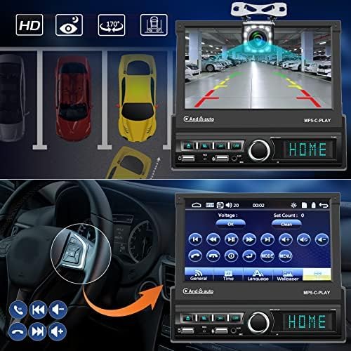 CAMECHO 1 Din Autoradio Bluetooth mit Bildschirm,7 Zoll Automatisch Ausfahrbares Flip Out Display Au