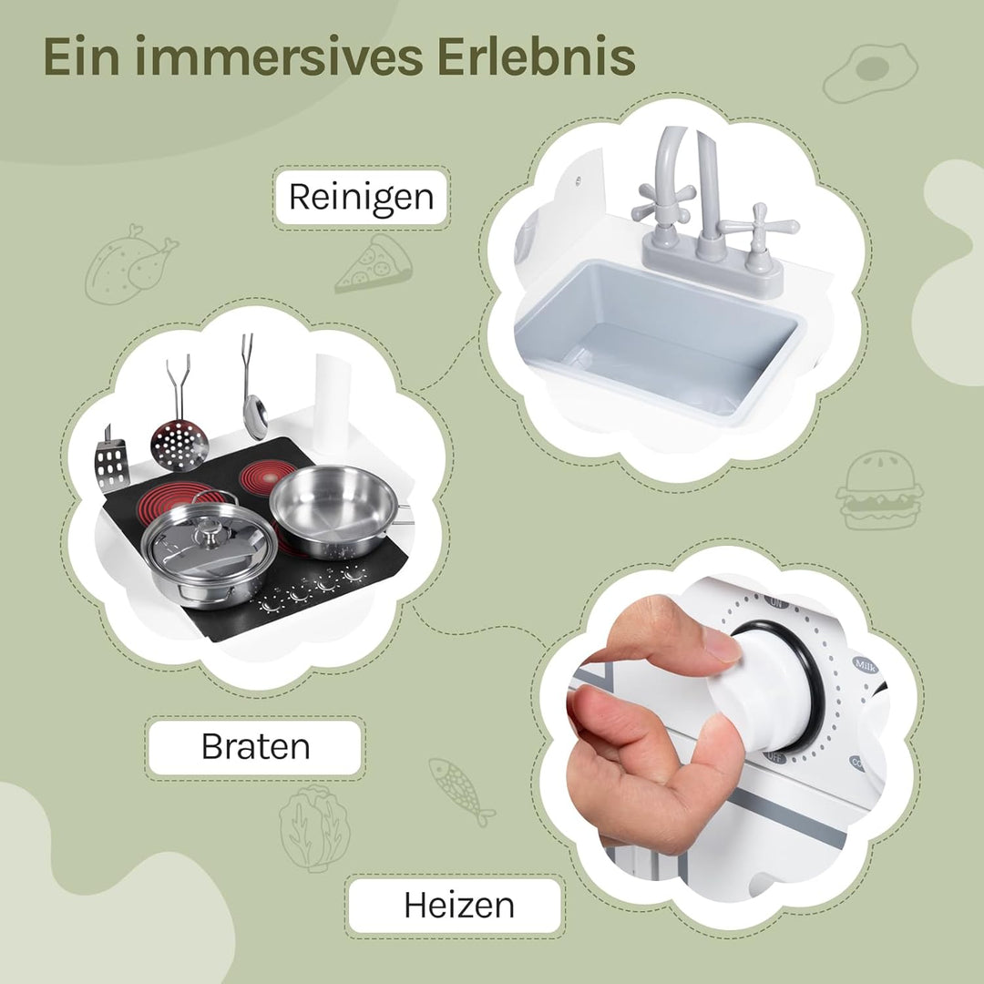 WOLTU Kinderküche Spielküche aus Holz, Kinderrollenspiele für Kinder inkl. 5tlg Küchenset,Zubehör au