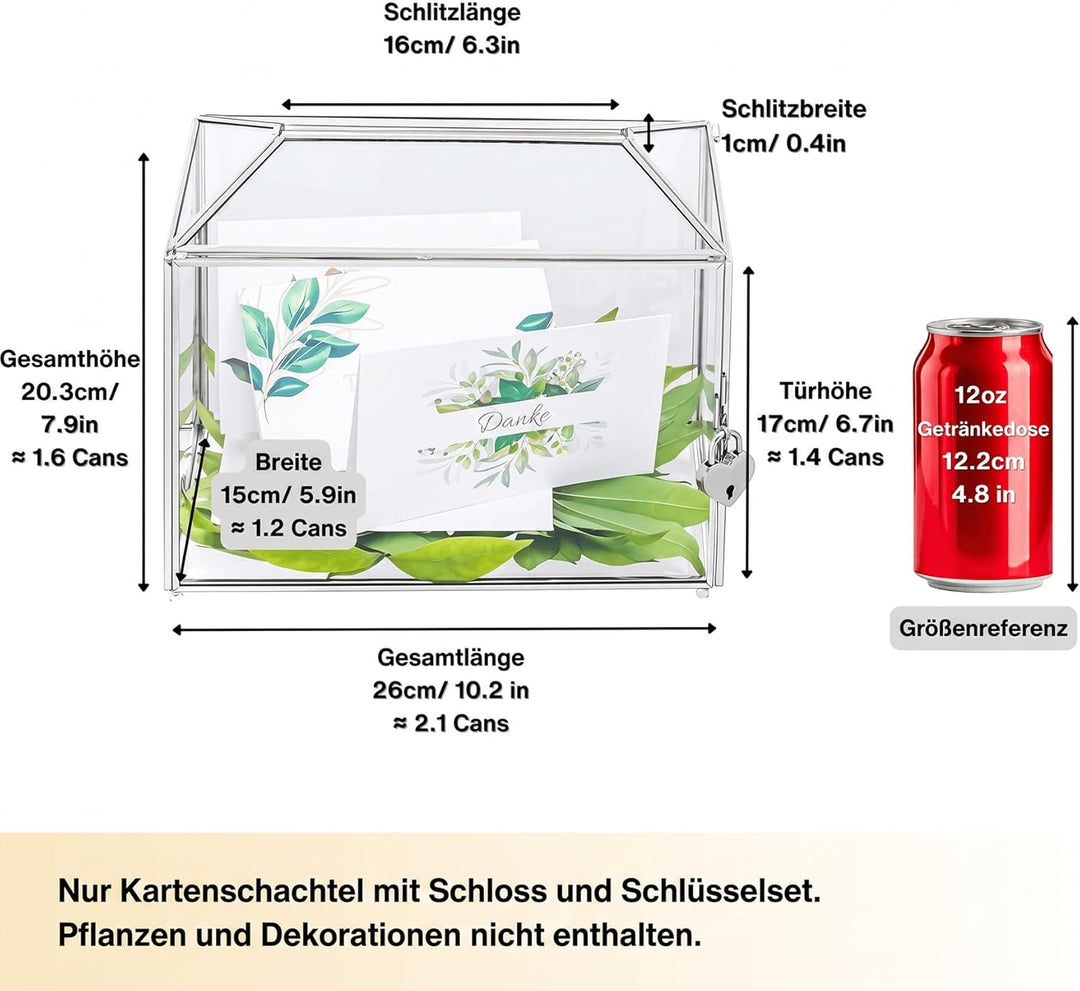 NCYP 26x15x20cm Silberfarbene Glaskartenbox mit Schlitz und Schloss für Geburtstag Party, Handgefert