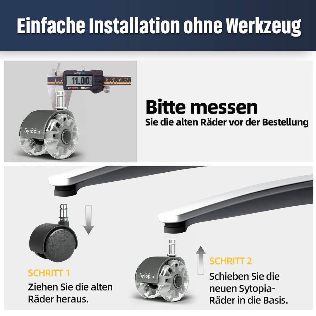 Sytopia Bürostuhl Rollen 70mm 5er Set, 11x22mm Rollen für Bürostühle, Hartboden, Parkett, Bodenschut