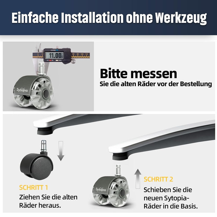 Sytopia Bürostuhl Rollen 70mm 5er Set, 11x22mm Rollen für Bürostühle, Hartboden, Parkett, Bodenschut