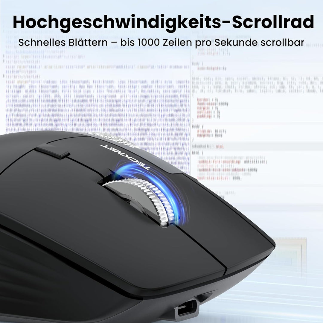 TECKNET Bluetooth Kabellose Maus, Turbo Scrollrad und Seitliches Mausrad Schwarz Mittel bis gross, S