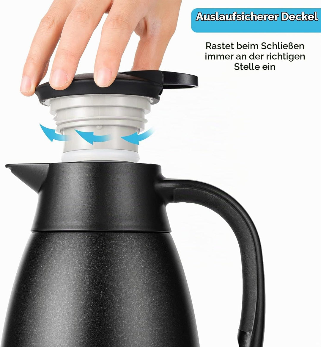 Tiken 1L Thermoskanne Edelstahl Doppelwandige Vakuumisolierung Isolierkanne Kaffeekanne Schwarz Schw