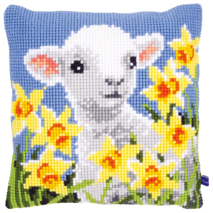 Vervaco Kreuzstichkissen Lamm Kreuzstickpackung vorgedruckt, Stramin, weiss, 40 x 40 x 0,3 cm