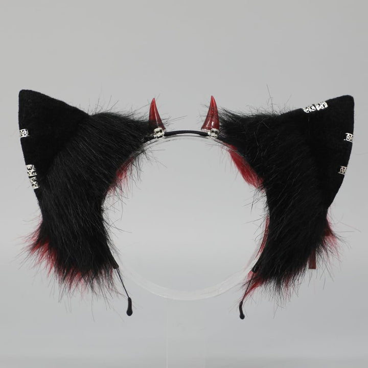 VIGVAN Handgemachte Wolf Fuchs Ohren Cosplay Kopf Zubehör Kawaii Haarband (Kette Schwarz Rot), Kette