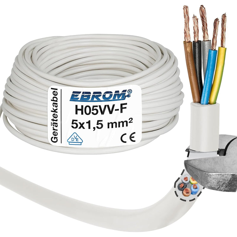 Schlauchleitung Gerätekabel H05VV-F 5G1,5 mm² - 5x1,5 mm² - weiss - 5/10 / 25 oder 50 Meter wählbar