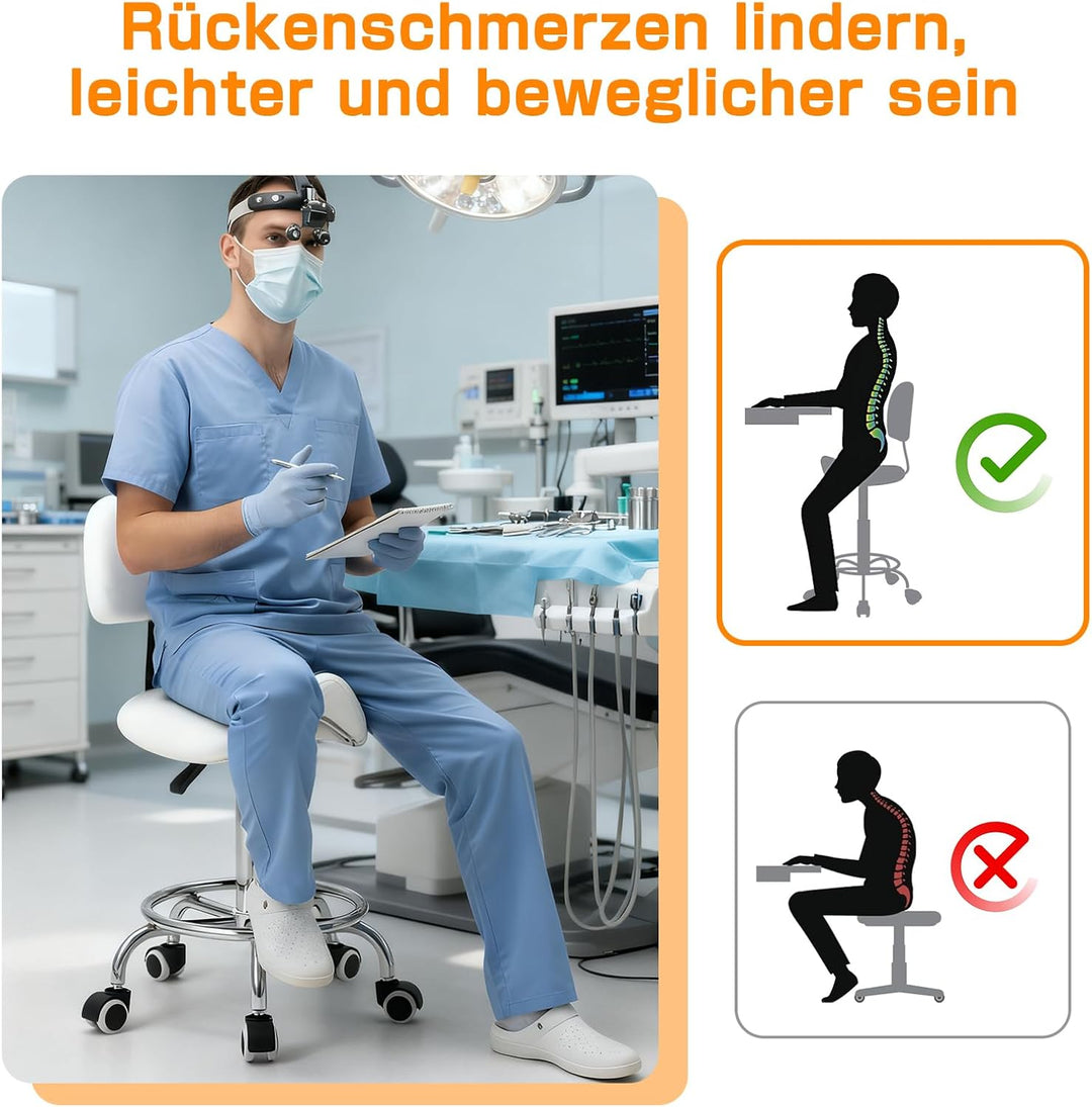 Sattelhocker mit Lehne – 360° drehbarer Hocker mit Rollen und verstellbarer Fussstütze | Sattelhocke