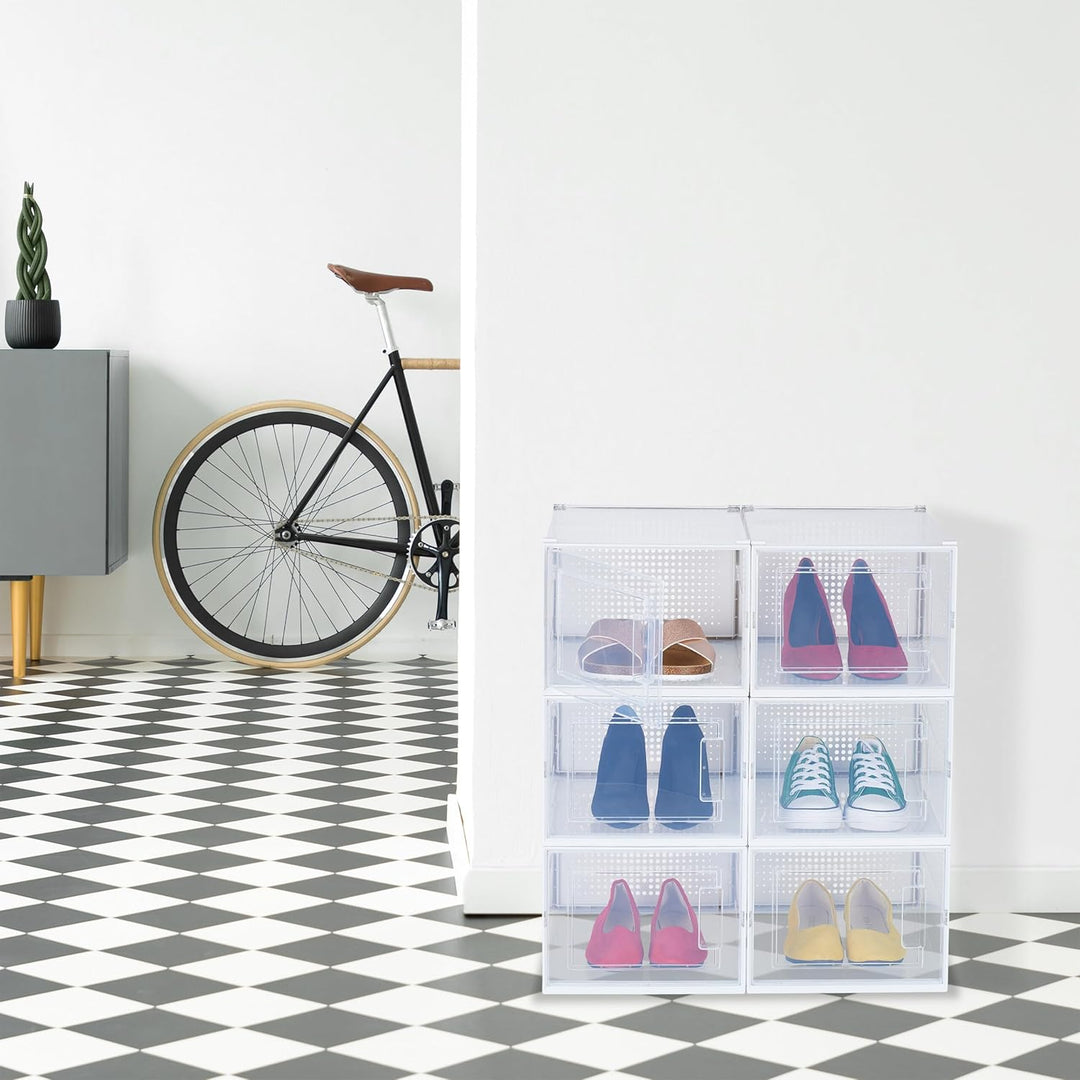 Relaxdays Schuhboxen 6er Pack, mit Tür, Schuhorganizer, stapelbar, Schuhe bis Grösse 48, Lüftungssch