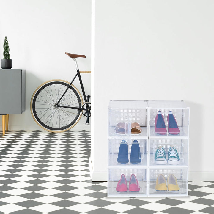Relaxdays Schuhboxen 6er Pack, mit Tür, Schuhorganizer, stapelbar, Schuhe bis Grösse 48, Lüftungssch