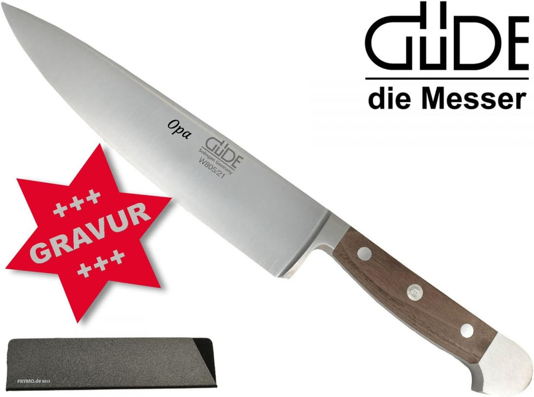 Güde Alpha Walnuss Messer Solingen Messer MIT Gravur Grösse Kochmesser 21cm mit Gravur + Prymo Kling