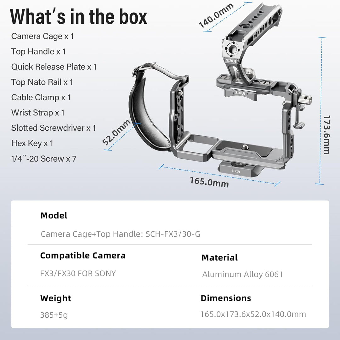 SIRUI FX3/FX30 Kamera Käfig Cage Kamerakäfig mit oberem Handgriff, Kameragehäuse mit HDMI-Kabelklemm