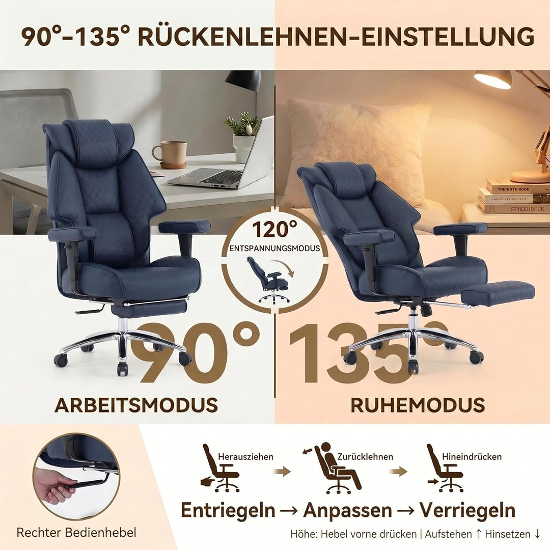 EXCEBET XXL Chefsessel bis 180kg Belastbar, Ergonomischer Bürostuhl mit Taschenfederkern, Breiter Dr