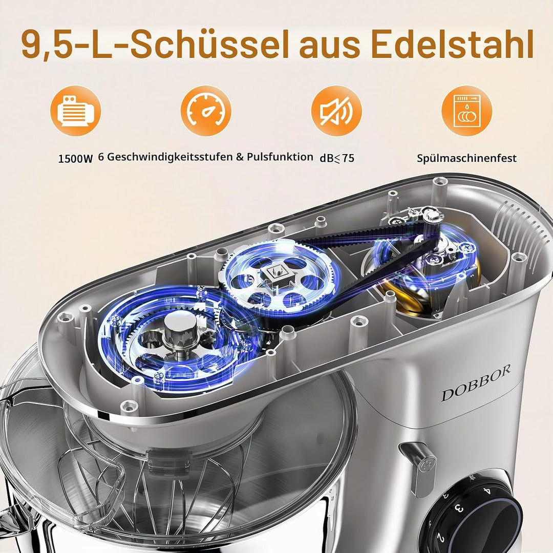 9.5L Küchenmaschine Knetmaschine 1500W, DOBBOR Rührmaschine mit Rührbesen, Knethaken, Schlagbesen, S