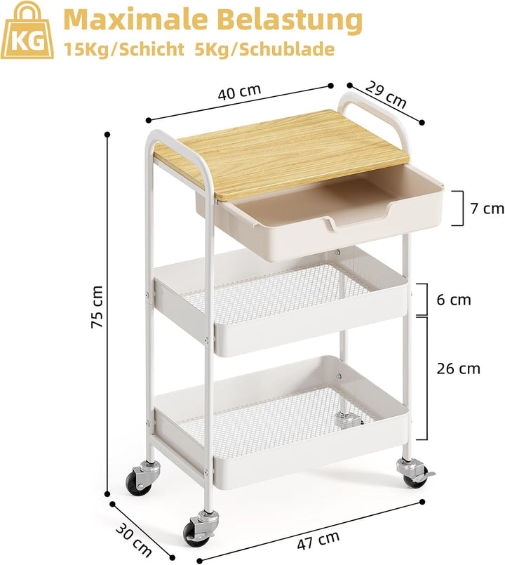 KINGRACK Aufbewahrungswagen 3-Ebenen mit Tischplatte, Multifunktionswagen aus Metall für Küche, Haus