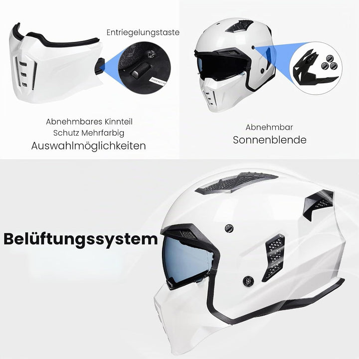 ILM Helm Motorrad Motocross Herren Damen Vintage Retro mit Visier ECE Model Z302,Weiss, S S Weiss, S