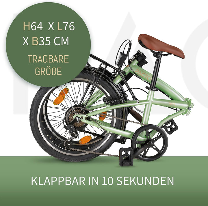 PACTO Ten Klapprad 20 Zoll mit Schnelles Faltsystem (10 Sek), Stahlrahmen, Leichtgewicht (16KG), Shi