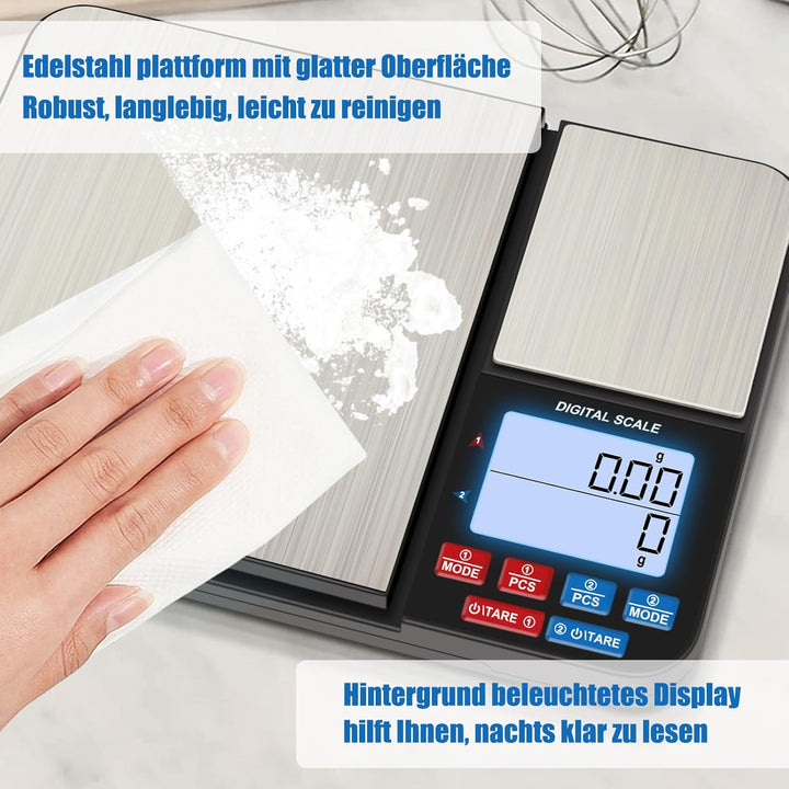 Diyife Küchenwaage mit 2 Plattformen 10kg/1g & 500g/0.01g, Doppelfunktion Digitale Küchen Feinwaage