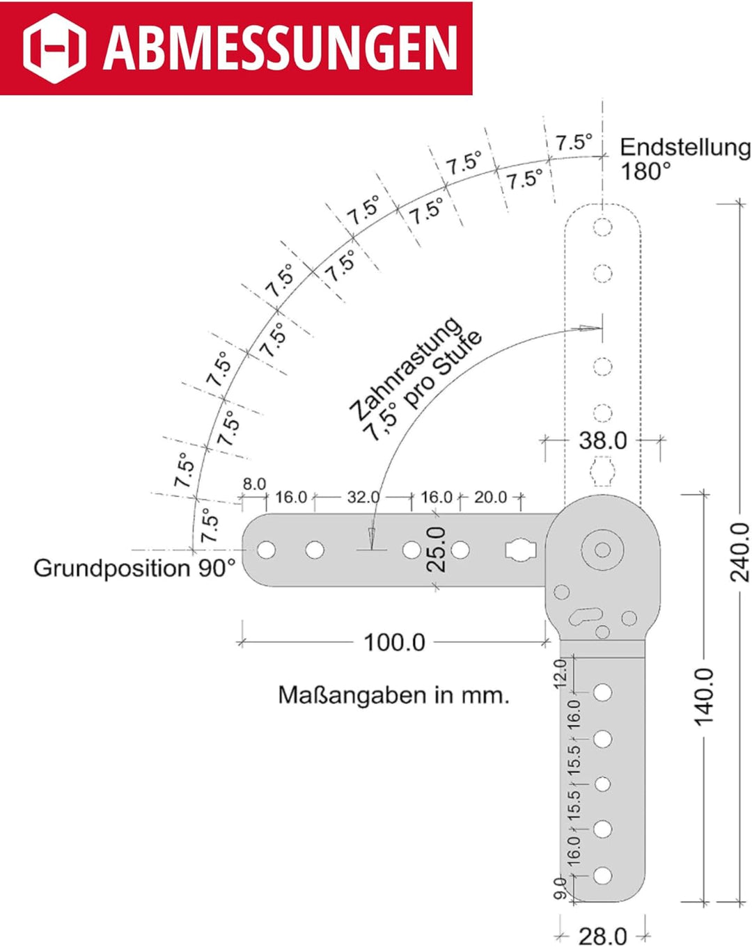 Gedotec Rasthochstell-Beschlag Polster-Gelenk C25 Rastomat 180° | Arm-Lehnenversteller 11-fach verst