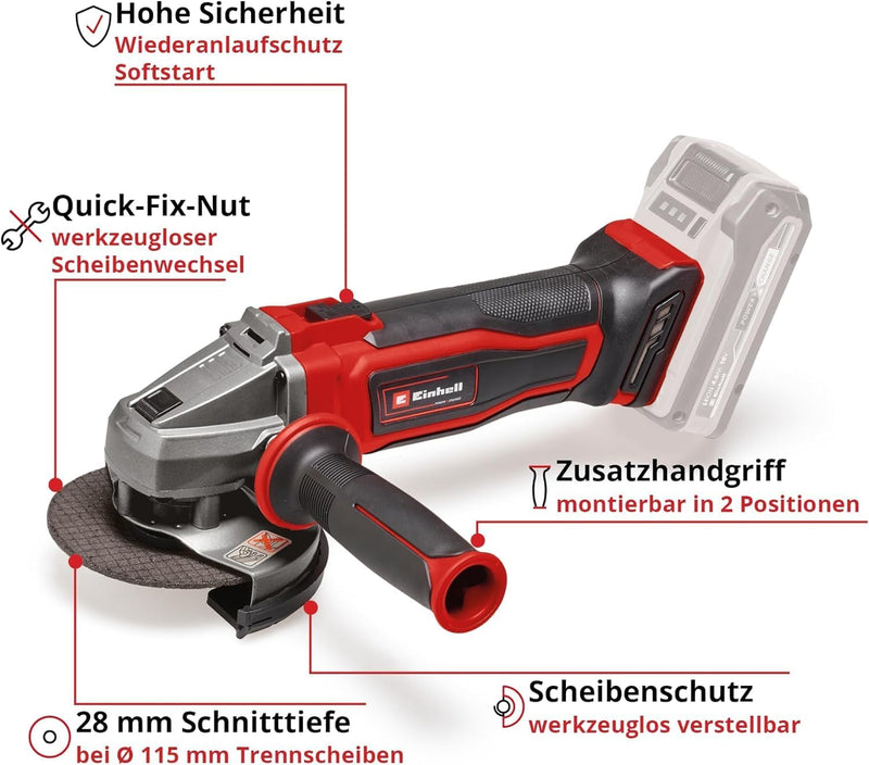 Einhell Akku-Winkelschleifer TE-AG 18/115 Q Li-Solo Power X-Change (18V, 115 mm Scheibendurchmesser,