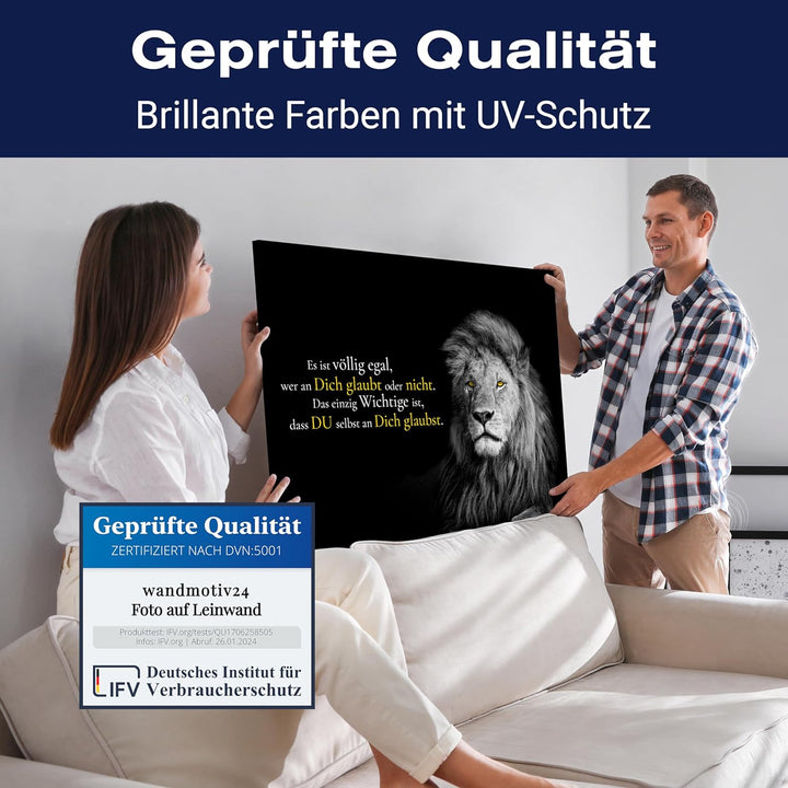 wandmotiv24 Motivations Leinwandbild, Grösse 40x30cm, Querformat, Glaub an Dich, Löwe, Schwarz, Moti