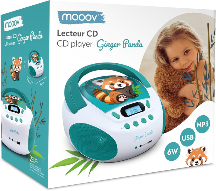 MOOOV 477414 CD-Player für Kinder, Motiv: Panda, Rot, MP3 und USB-Port – AUX-In – Kopfhöreranschluss