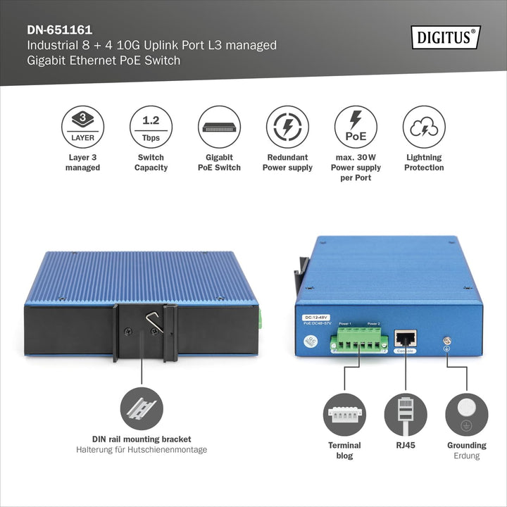 DIGITUS Industrial 8 + 4 10G Uplink Port L3 managed Gigabit Ethernet PoE Switch 8-Port + 4x Uplink S
