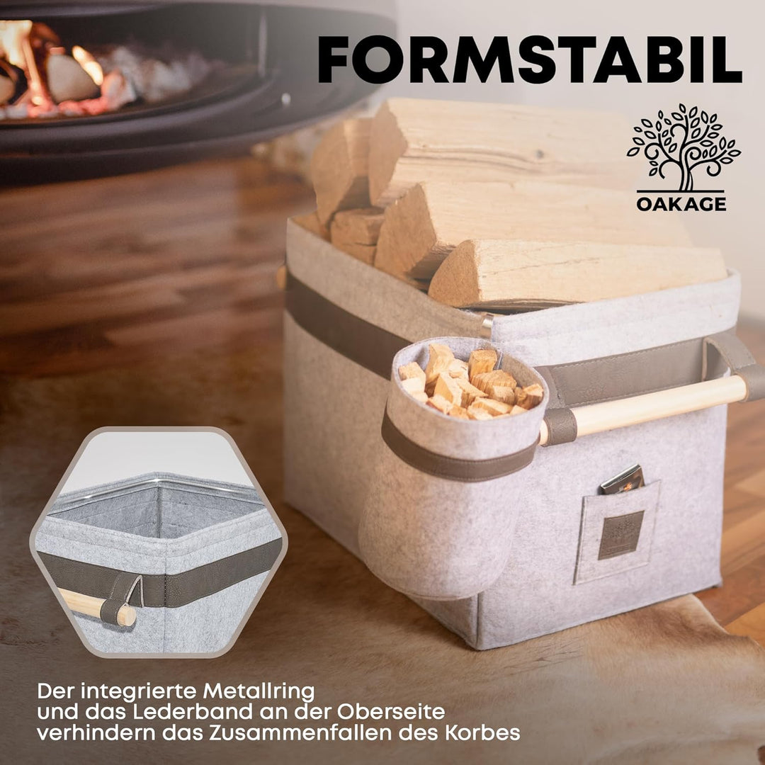 OAKAGE® Holzkorb für Kaminholz Gross mit Zündholzkorb [Integrierter Metallrahmen für Zusatzstabilitä