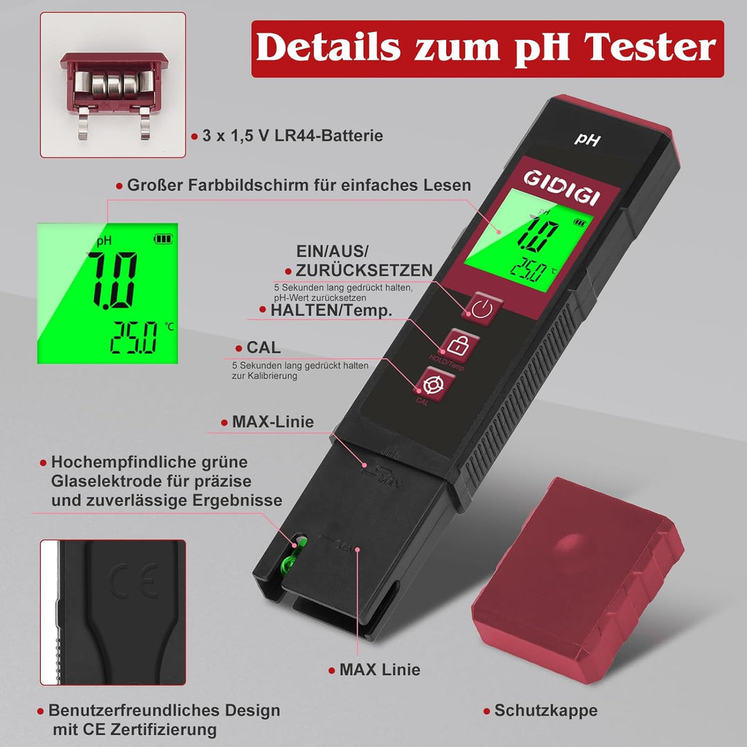 Digitales pH Messgerät für Wasser mit LED, Farbiger pH Wert Test für Pools, Professioneller pH Level