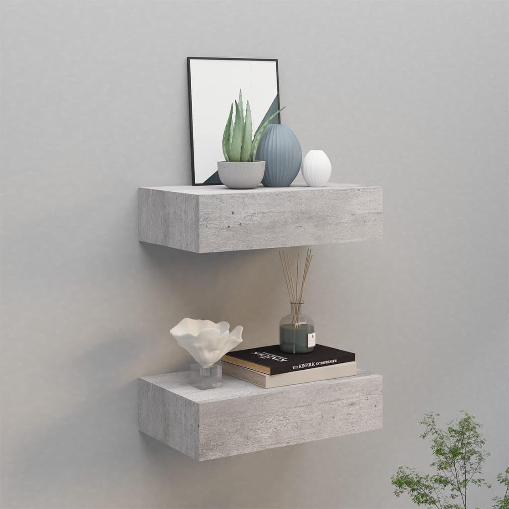 Schubladenregal 2 Pcs 40x23,5x10 cm MDF, Metall Betongrau Wandschrank Wandboard Mit Schublade Mit Sc