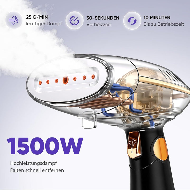Steamer Dampfglätter - 1500 W & 168 ML Wassertank | Faltbar & Handheld Reise Dampfglätter mit 25 g/m