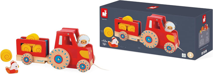 Janod - Traktor zum Ziehen - Baby- und Kleinkindspielzeug - 1 Spielzeugtraktor + 6 Zubehörteile - Ge
