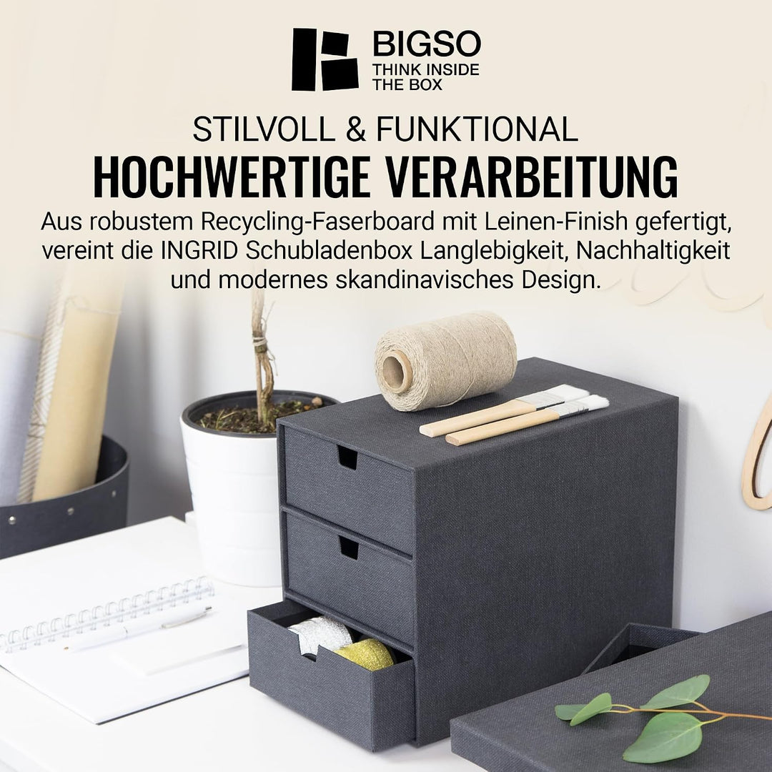 BIGSO BOX OF SWEDEN INGRID Schubladenbox für Dokumente und Bürobedarf – Schreibtisch Organizer mit 3