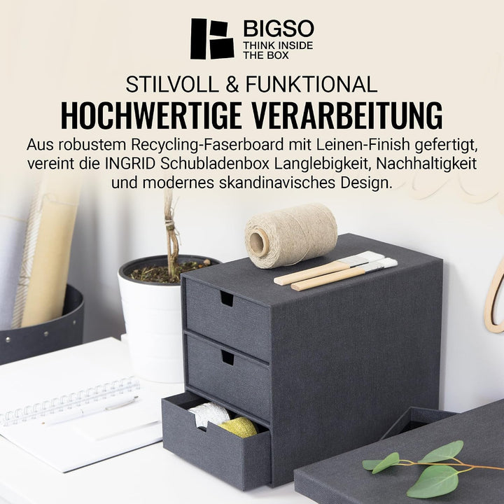 BIGSO BOX OF SWEDEN INGRID Schubladenbox für Dokumente und Bürobedarf – Schreibtisch Organizer mit 3