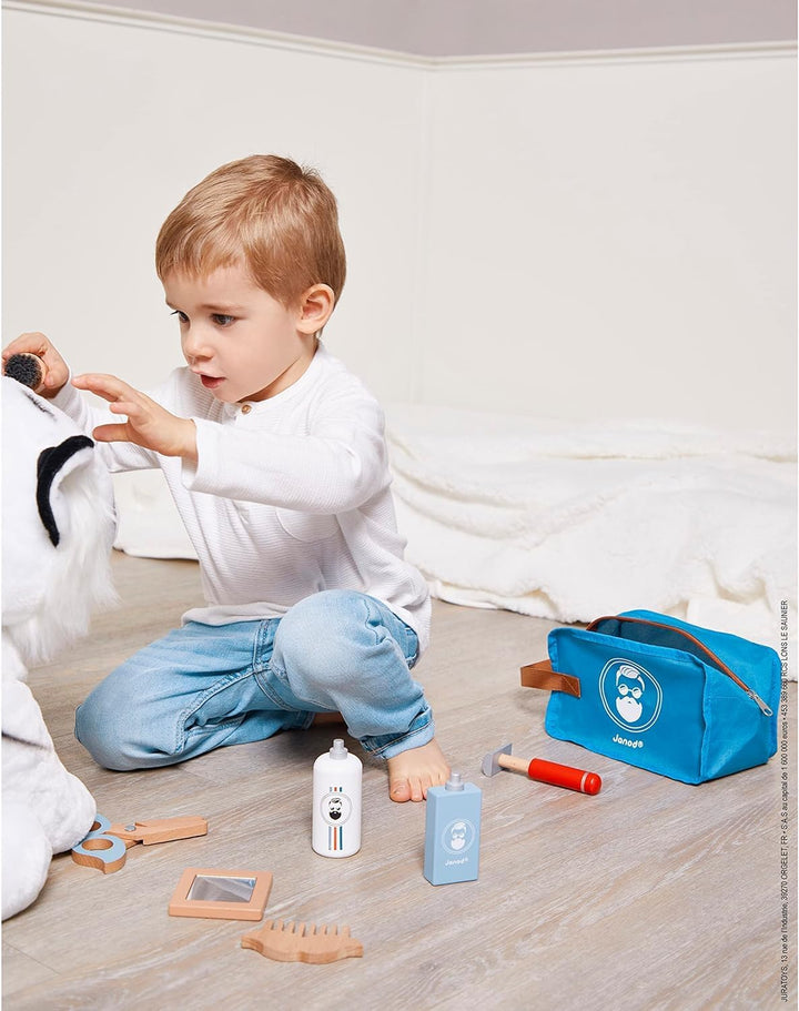 JANOD - Barbierkoffer für Kinder - 7 Holz-Accessoires + Etui - Rollenspielzeug - Entwickelt die Fant