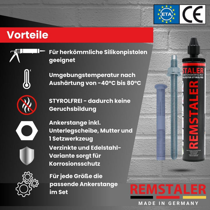 1x Remstaler INJEKTIONSMÖRTEL + ANKERSTANGE + SIEBHÜLSE im SET | Stahl verzinkt o. Edelstahl A4 | Ve